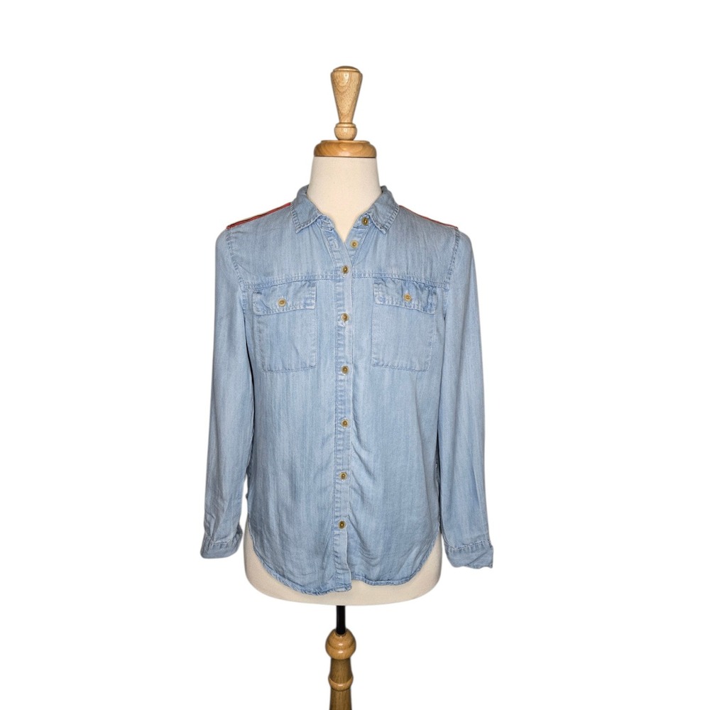 Velvet Heart Tencel Chambray Button Down Shirt Stripe Shoulder M‎ Military